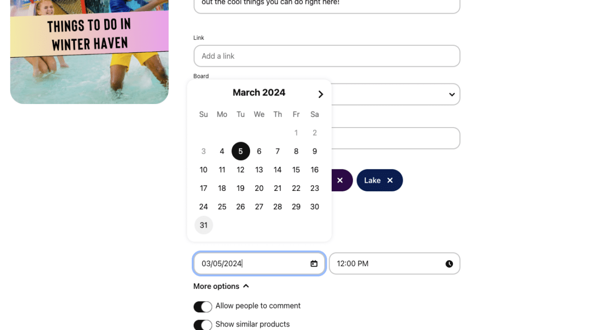 Use the calendar to schedule your Pinterest Pins ahead of time up to 30 days in advance